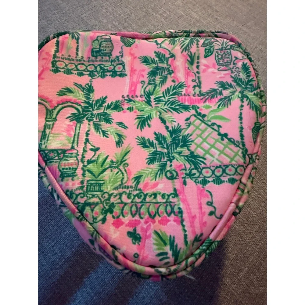 Lilly Pulitzer Heart Shaped Cosmetic Bag Pink Green Tropical Palm Tree Print‎